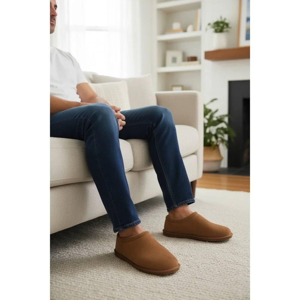 John Ashford Men's Tan Suede Moccasin Slippers XL 11-12 Plush Comfort